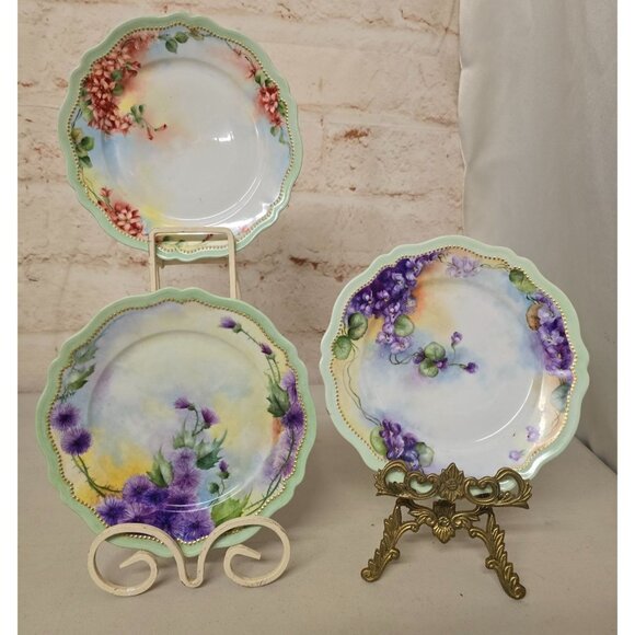 3 PC Royal Austria 8" Dessert Plates Gold Trim Purple Orange Floral Handpainted - Picture 1 of 7